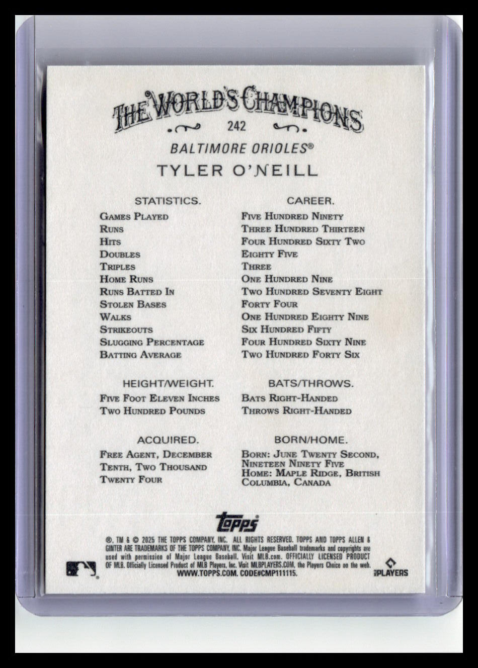 2025 Topps Allen & Ginter #242 Tyler O'Neill