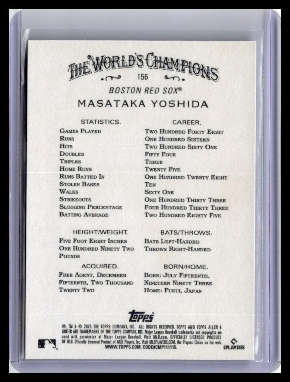 2025 Topps Allen & Ginter #156 Masataka Yoshida