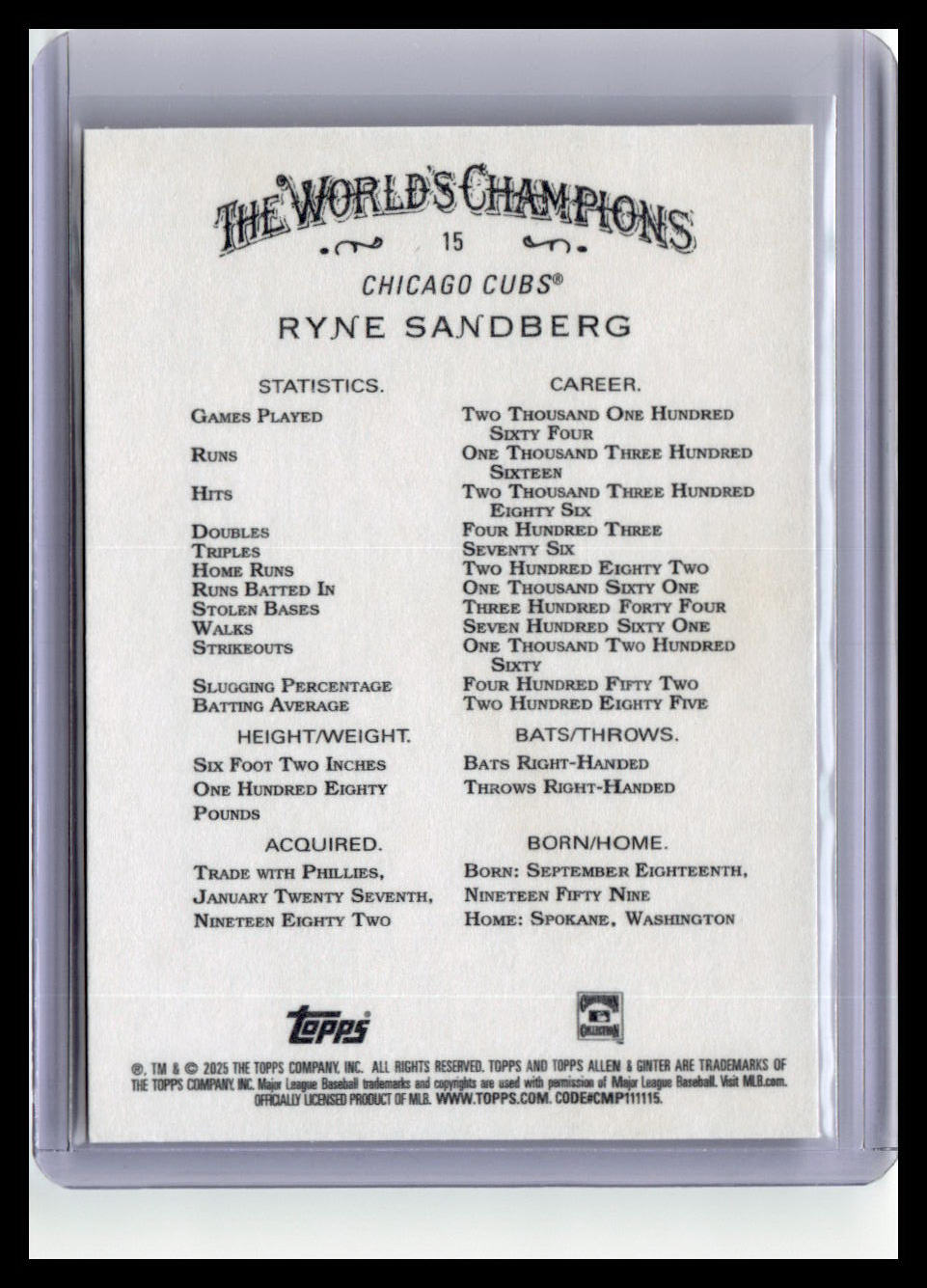 2025 Topps Allen & Ginter #15 Ryne Sandberg