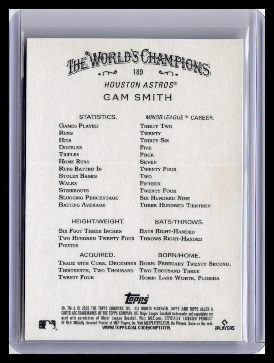 2025 Topps Allen & Ginter #189 Cam Smith