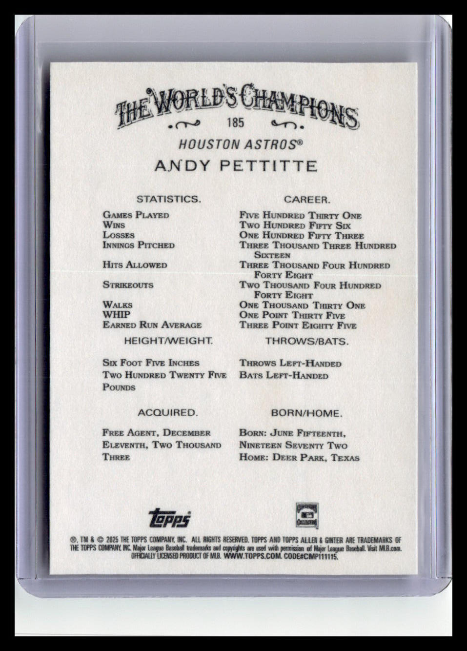 2025 Topps Allen & Ginter #185 Andy Pettitte