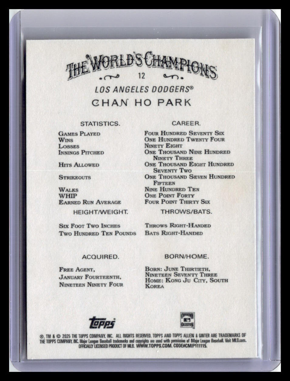 2025 Topps Allen & Ginter #12 Chan Ho Park