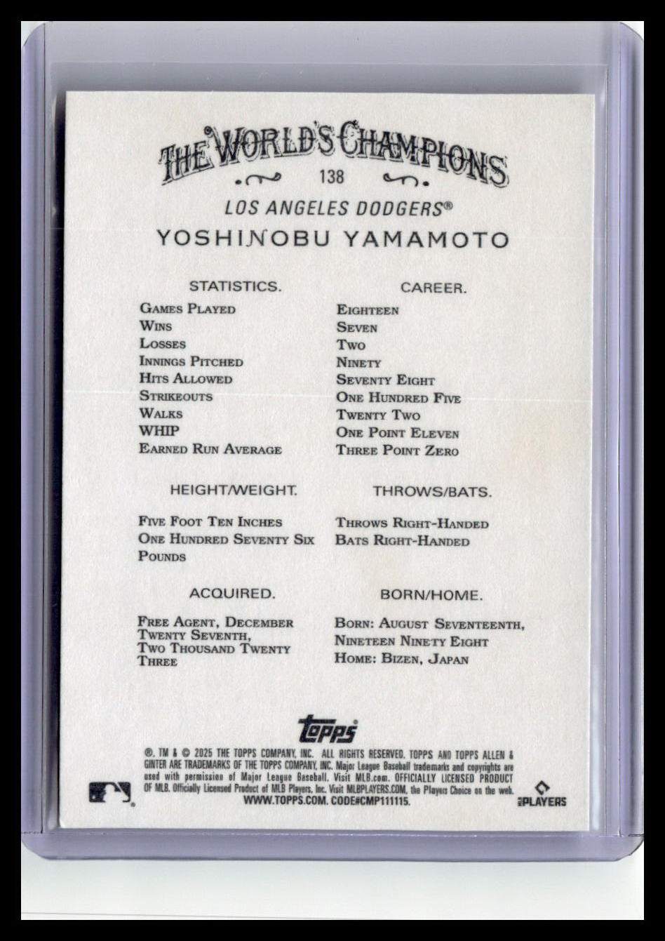 2025 Topps Allen & Ginter #138 Yoshinobu Yamamoto