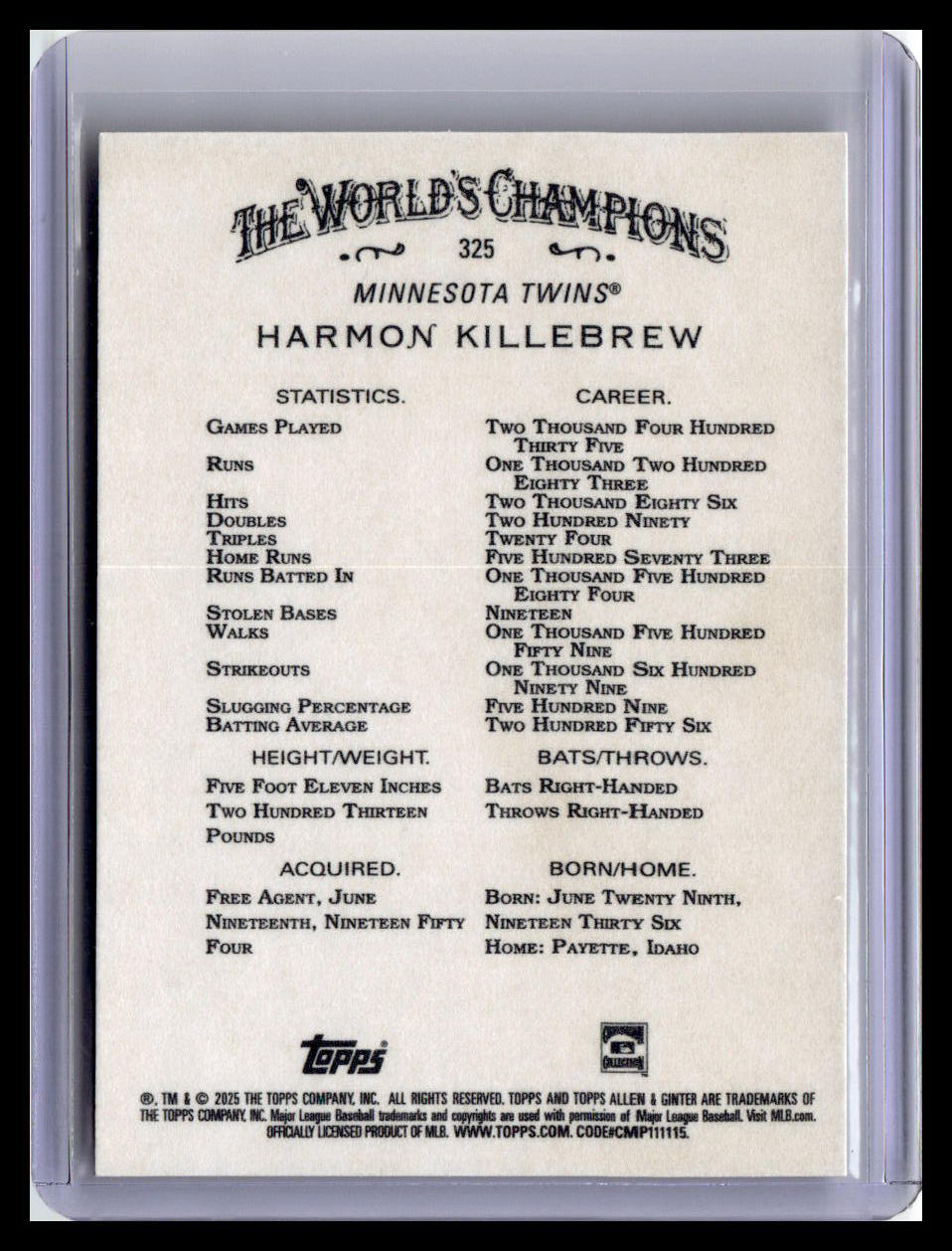 2025 Topps Allen & Ginter #325 Harmon Killebrew