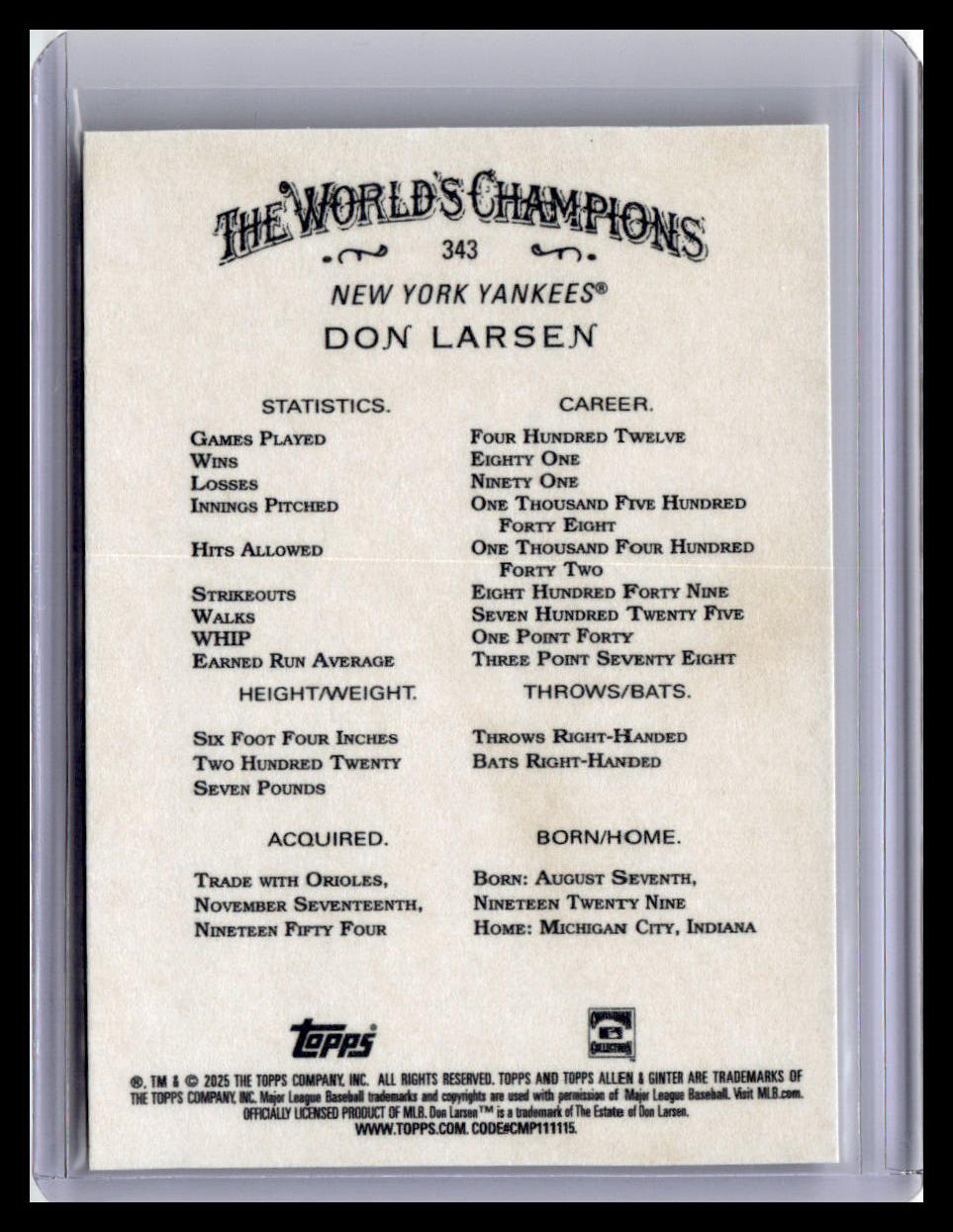 2025 Topps Allen & Ginter #343 Don Larsen