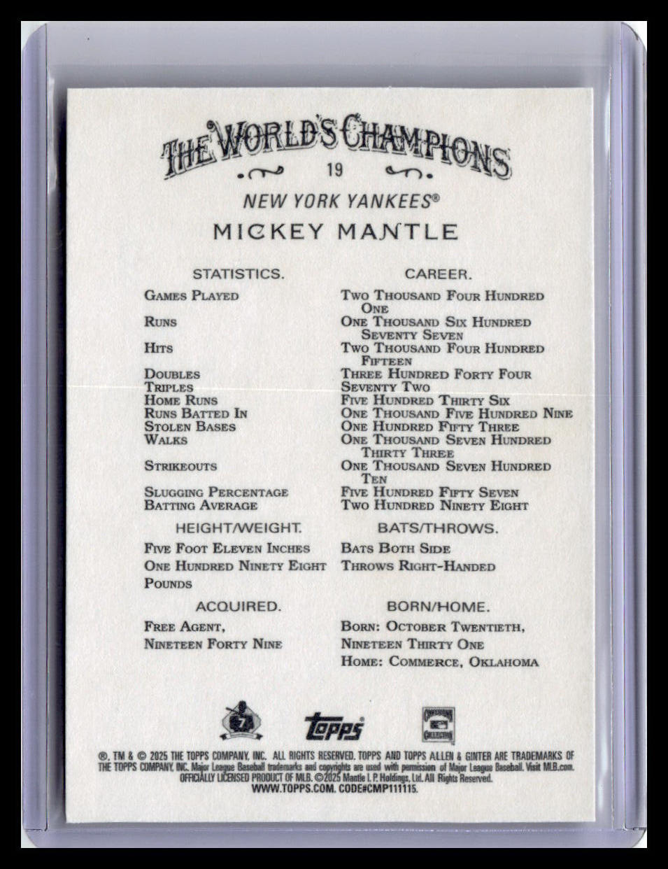 2025 Topps Allen & Ginter #19 Mickey Mantle