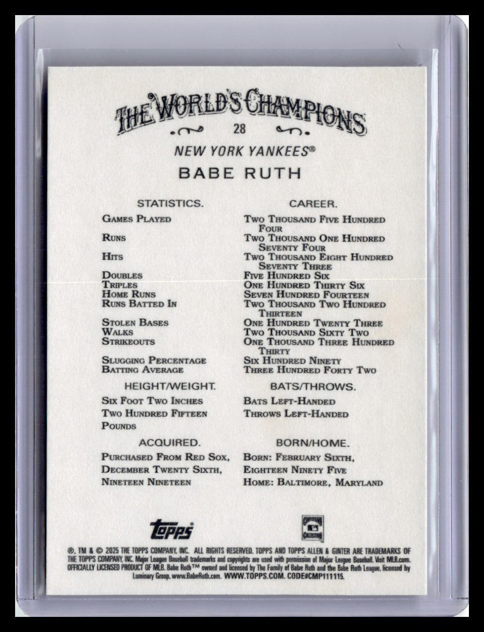 2025 Topps Allen & Ginter #28 Babe Ruth