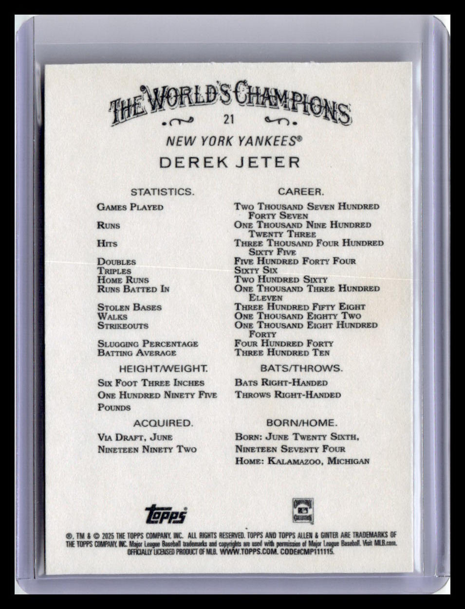 2025 Topps Allen & Ginter #21 Derek Jeter