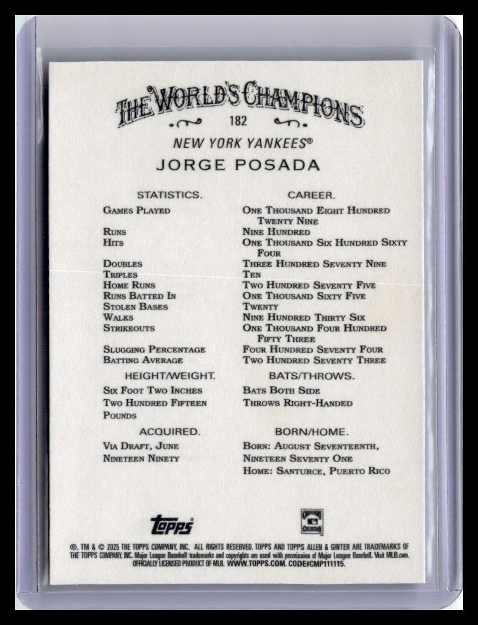 2025 Topps Allen & Ginter #182 Jorge Posada