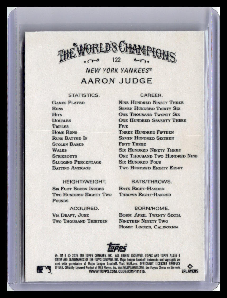 2025 Topps Allen & Ginter #122 Aaron Judge