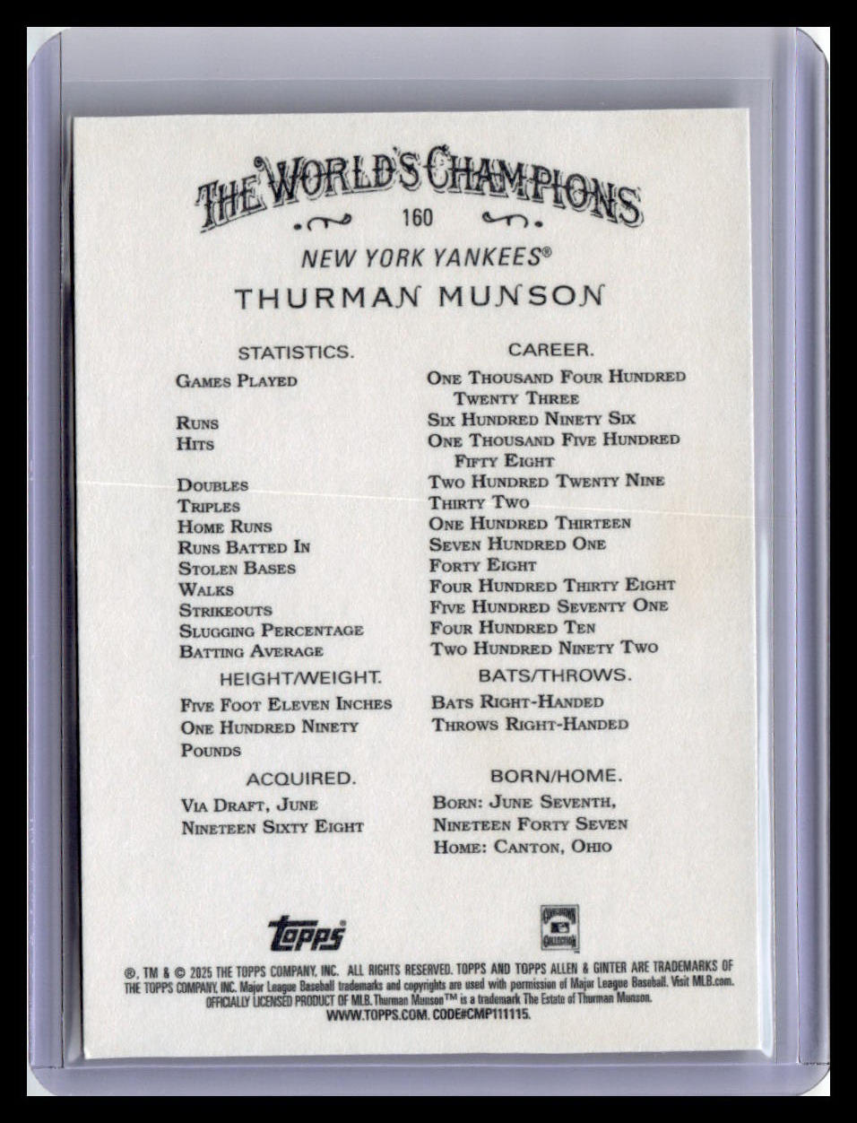 2025 Topps Allen & Ginter #160 Thurman Munson