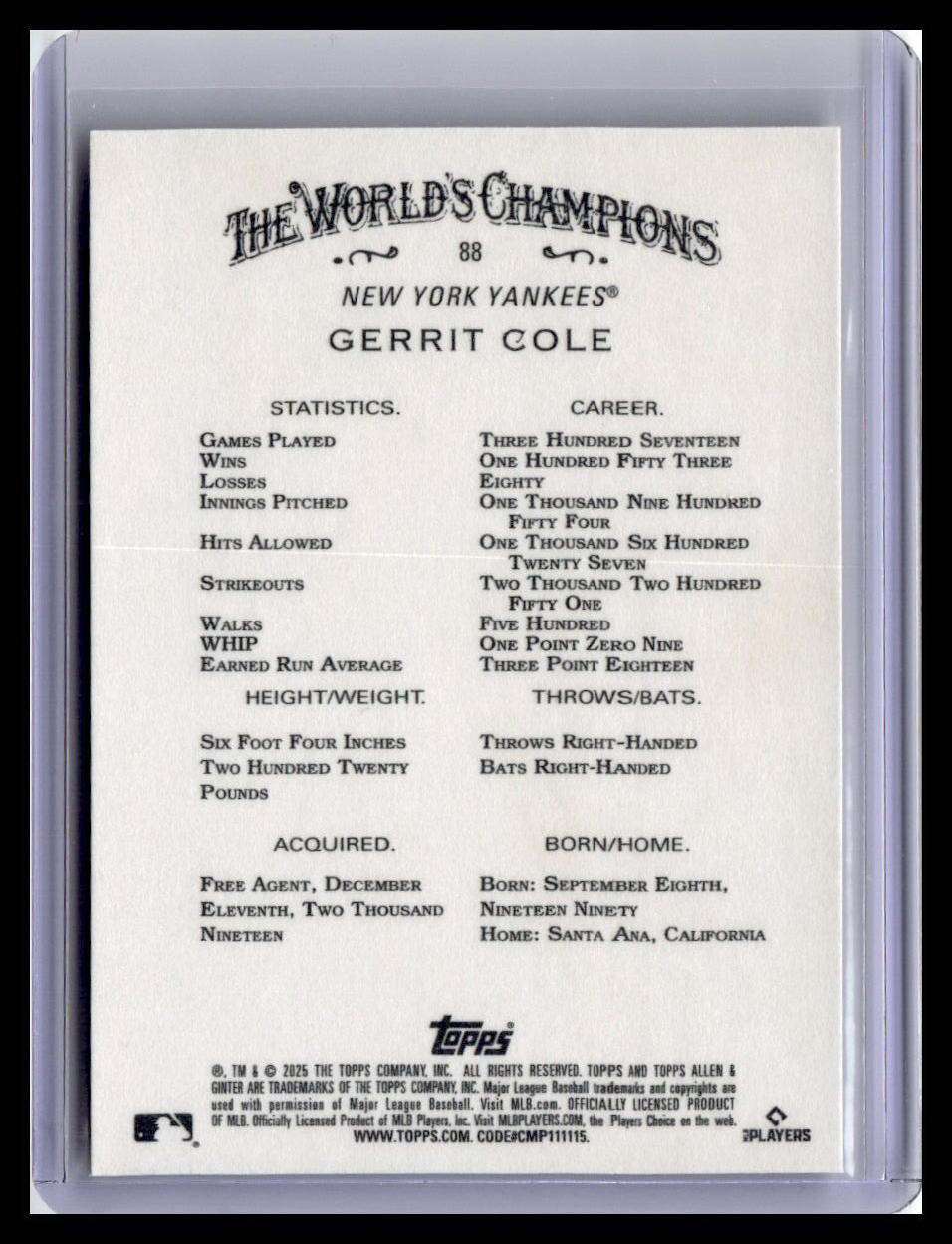 2025 Topps Allen & Ginter #88 Gerrit Cole