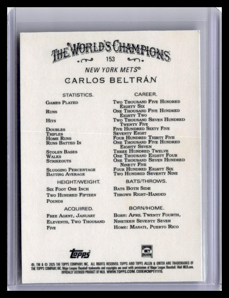 2025 Topps Allen & Ginter #153 Carlos Beltrán