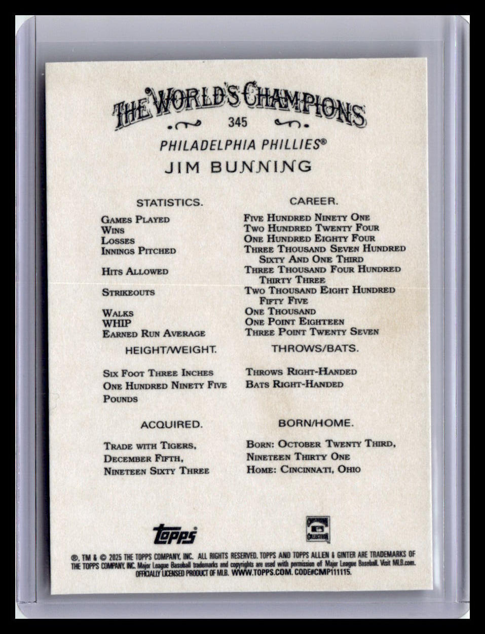 2025 Topps Allen & Ginter #345 Jim Bunning