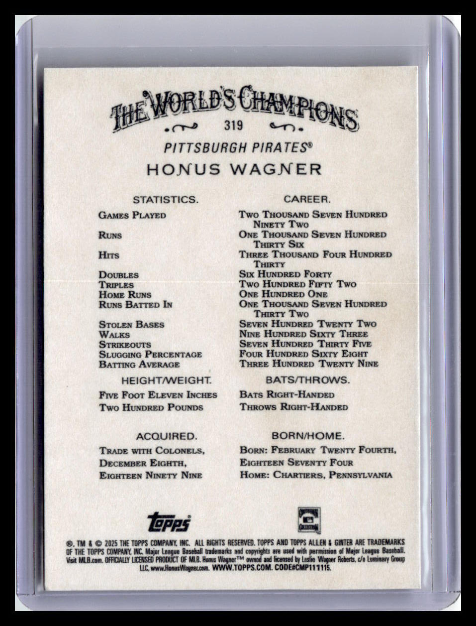 2025 Topps Allen & Ginter #319 Honus Wagner