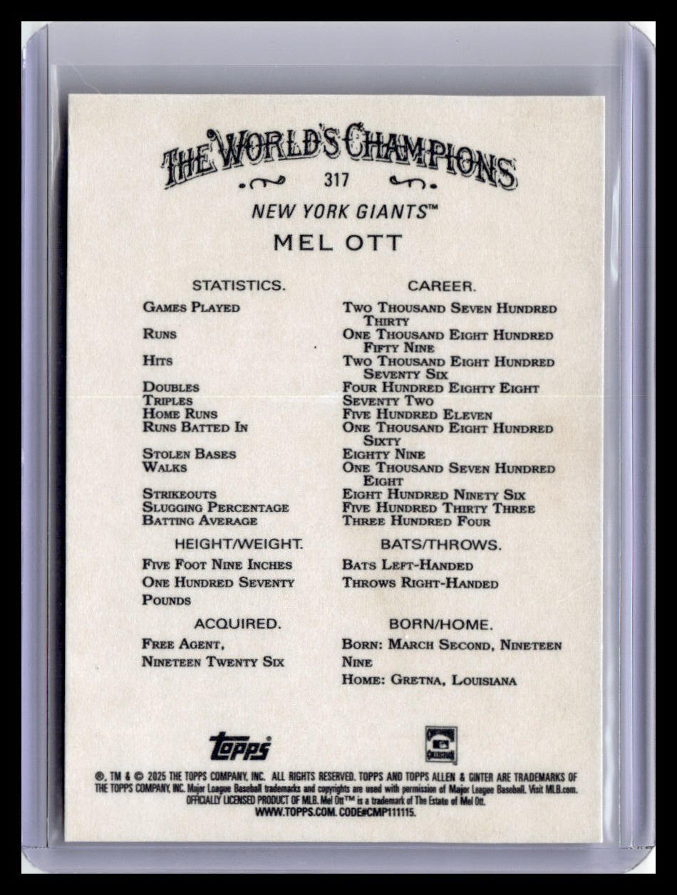 2025 Topps Allen & Ginter #317 Mel Ott