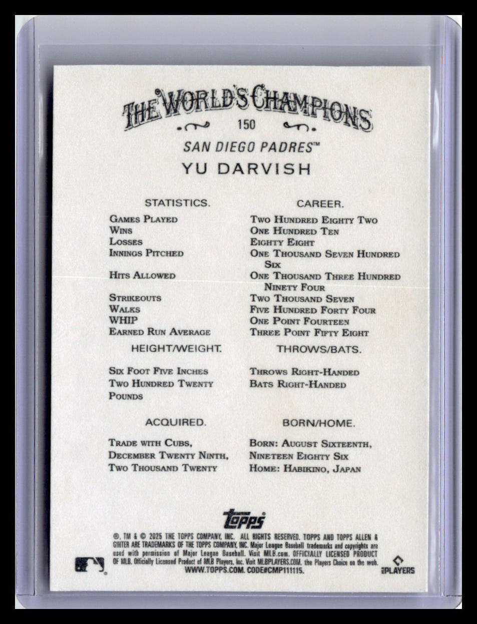 2025 Topps Allen & Ginter #150 Yu Darvish
