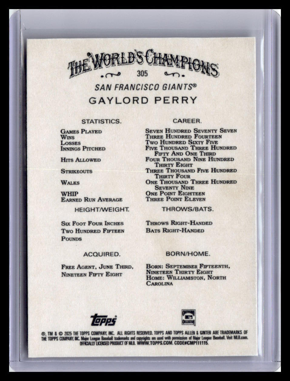 2025 Topps Allen & Ginter #305 Gaylord Perry