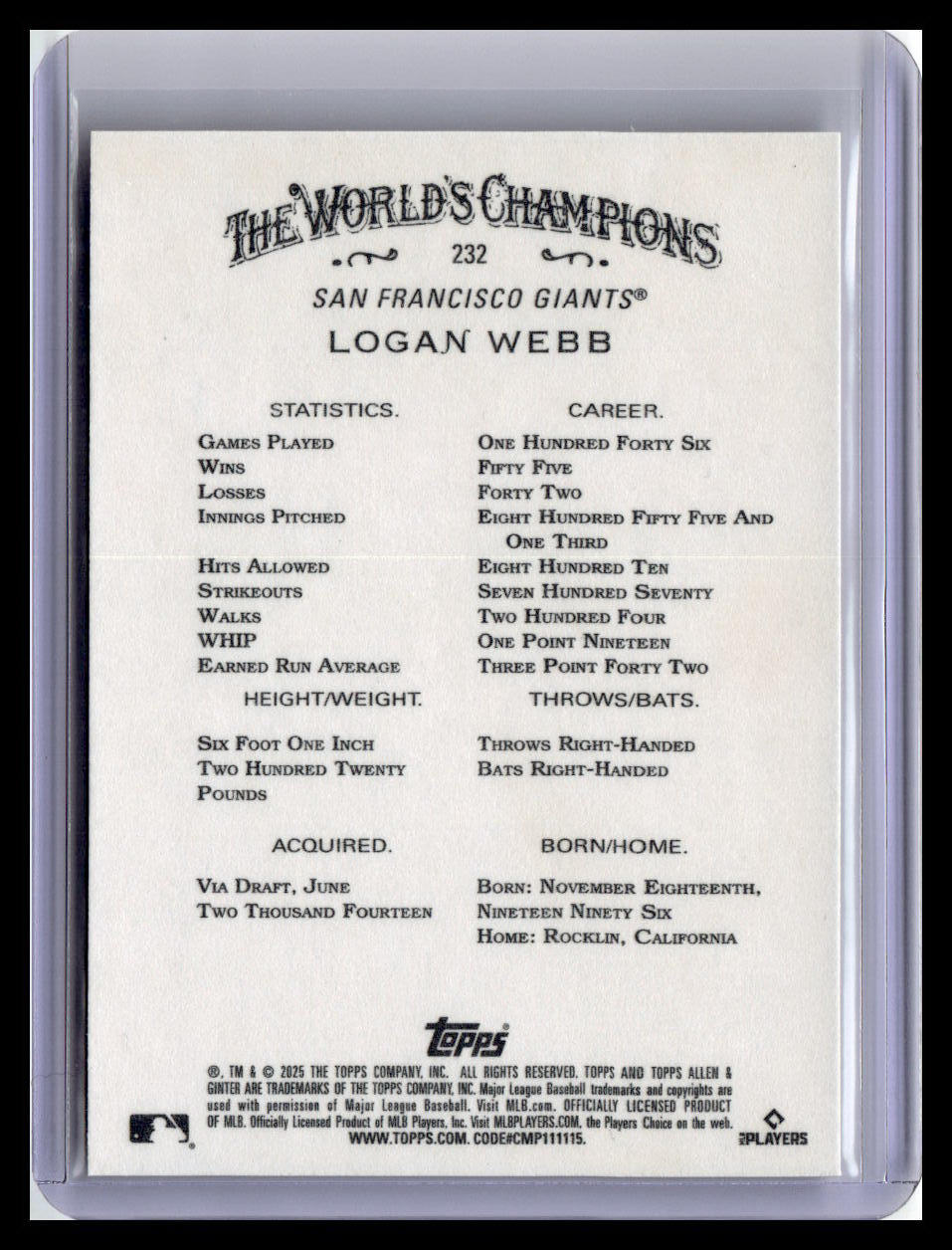 2025 Topps Allen & Ginter #232 Logan Webb