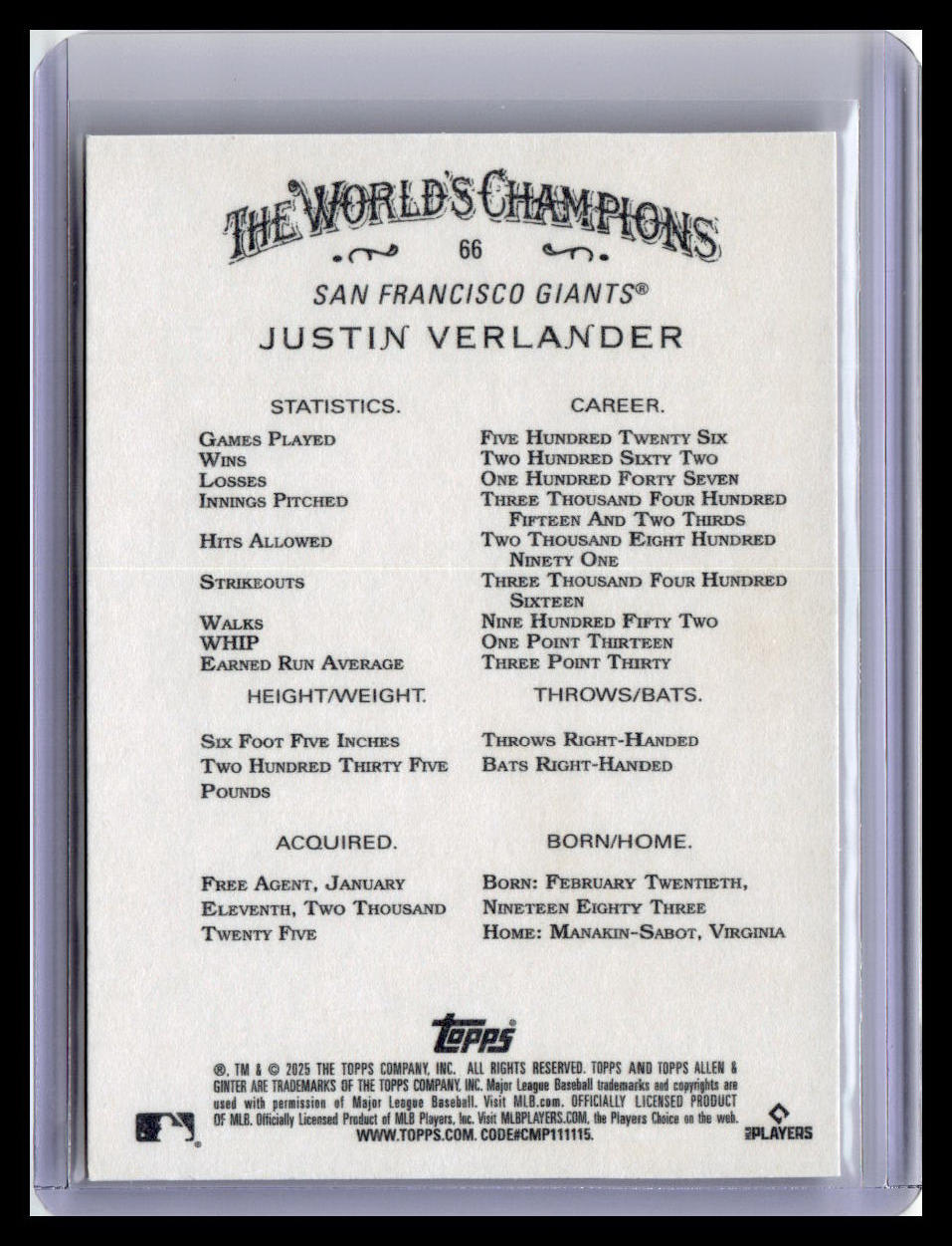 2025 Topps Allen & Ginter #66 Justin Verlander
