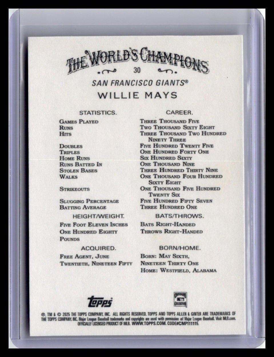 2025 Topps Allen & Ginter #30 Willie Mays