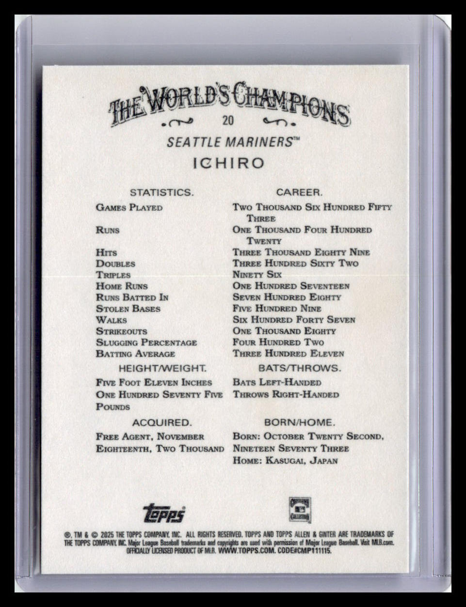 2025 Topps Allen & Ginter #20 Ichiro