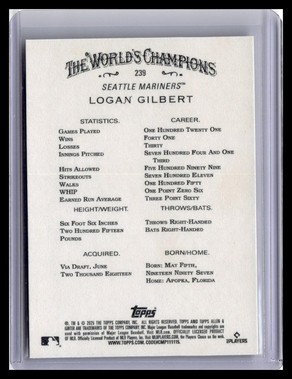 2025 Topps Allen & Ginter #239 Logan Gilbert