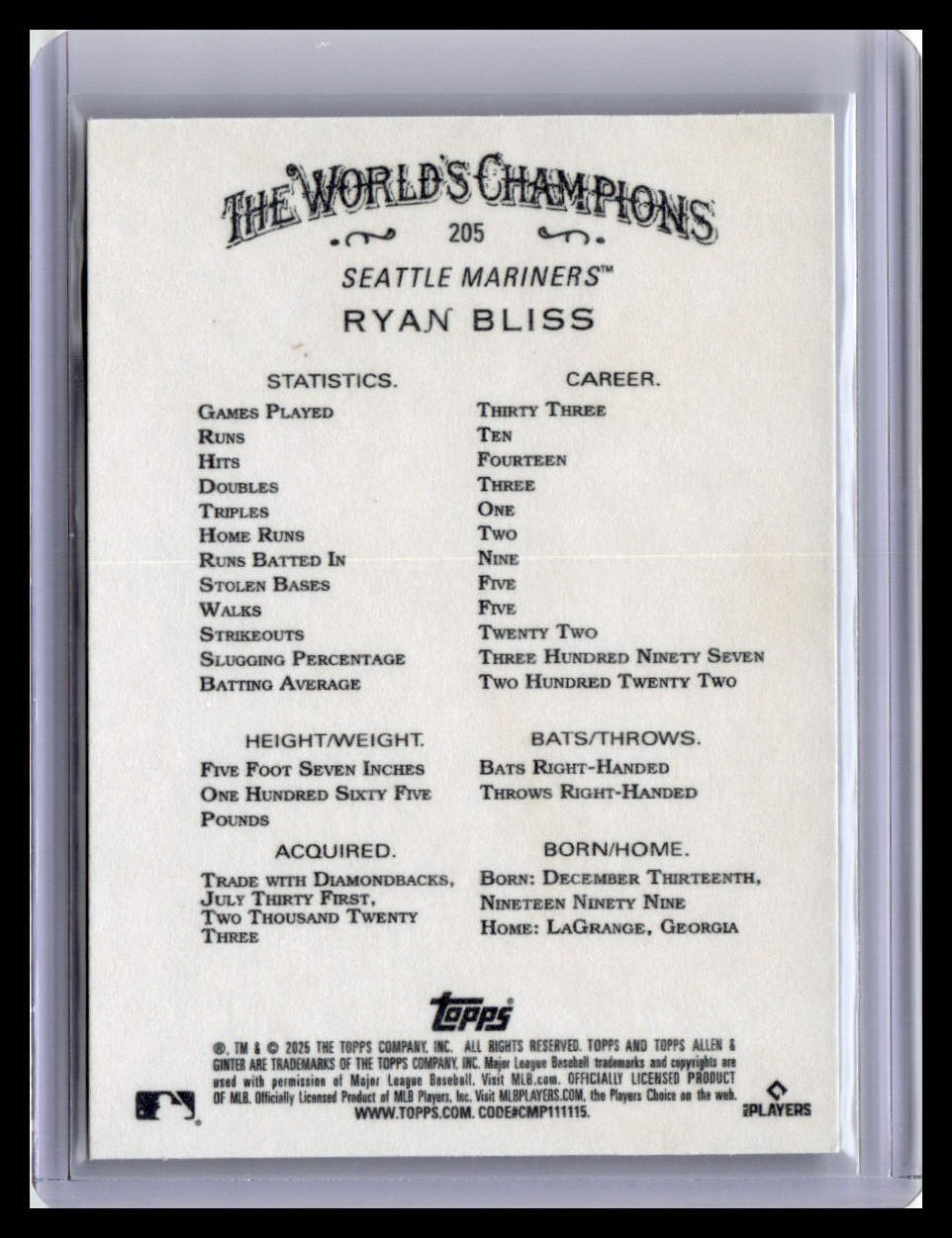 2025 Topps Allen & Ginter #205 Ryan Bliss