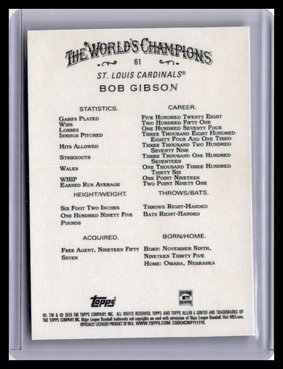 2025 Topps Allen & Ginter #61 Bob Gibson