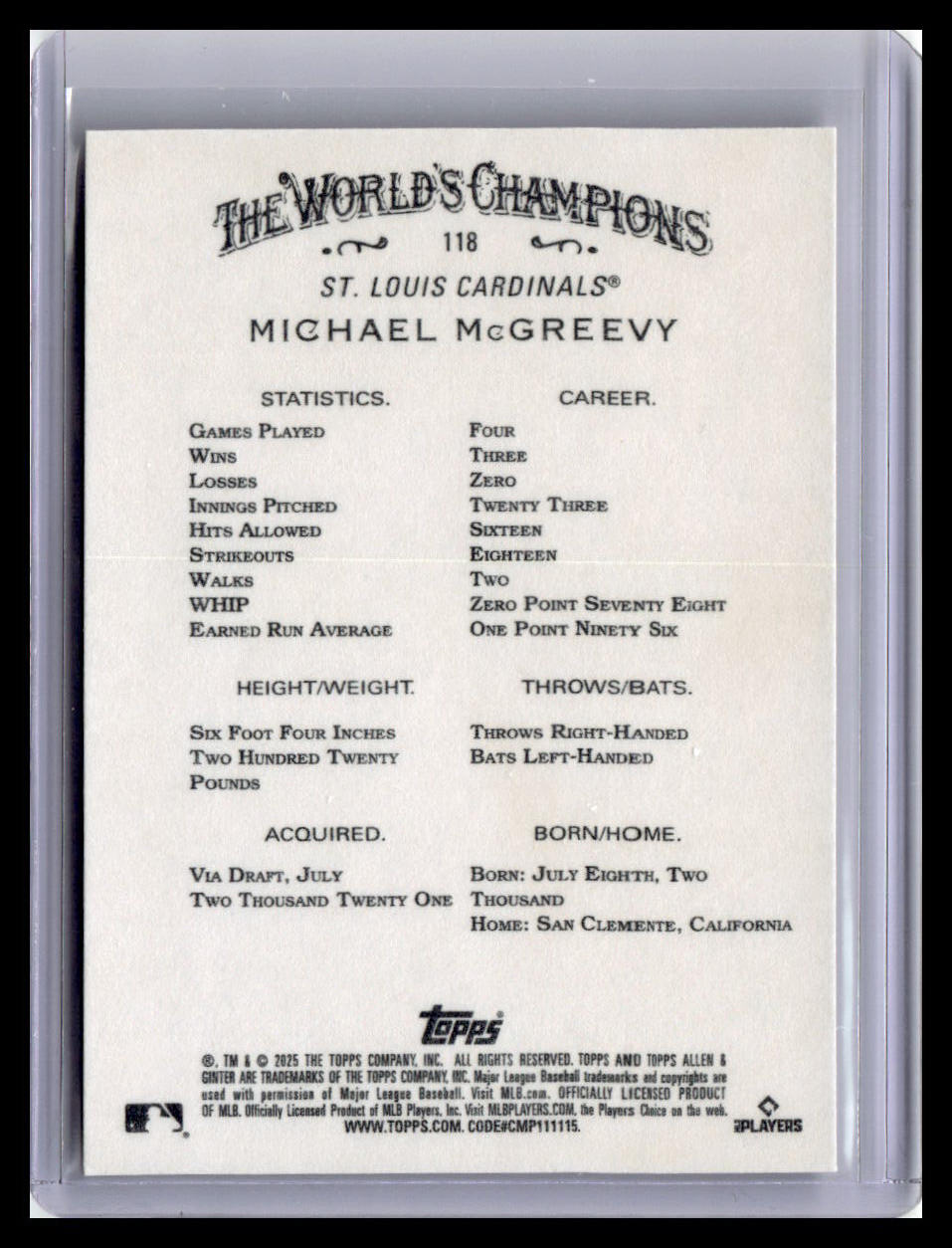 2025 Topps Allen & Ginter #118 Michael McGreevy