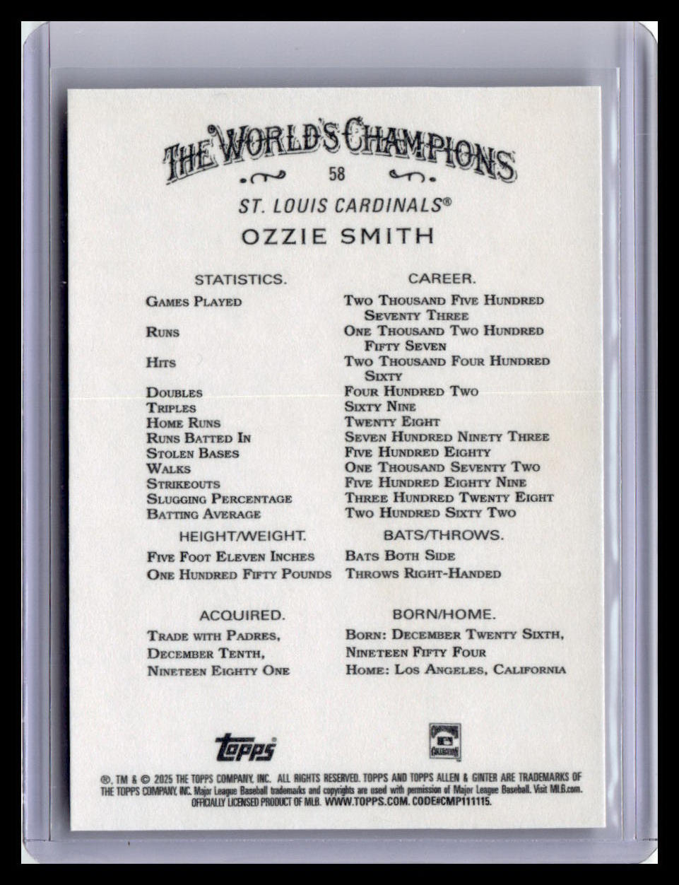 2025 Topps Allen & Ginter #58 Ozzie Smith