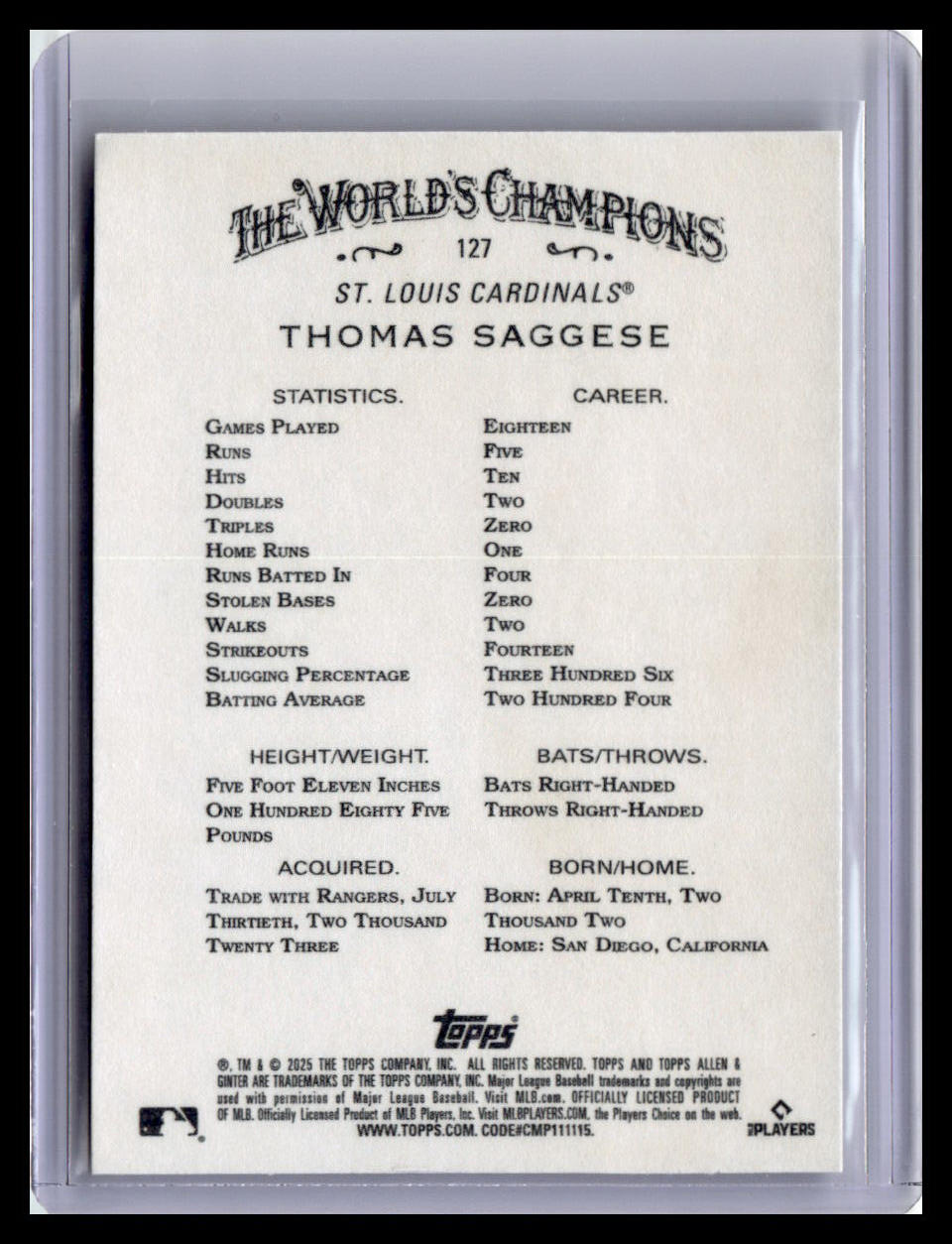 2025 Topps Allen & Ginter #127 Thomas Saggese