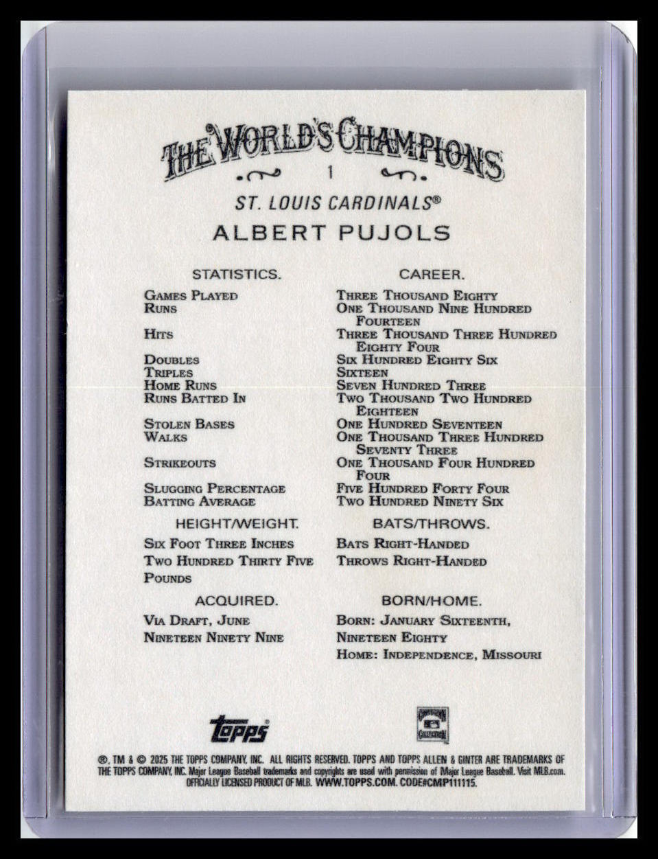 2025 Topps Allen & Ginter #1 Albert Pujols