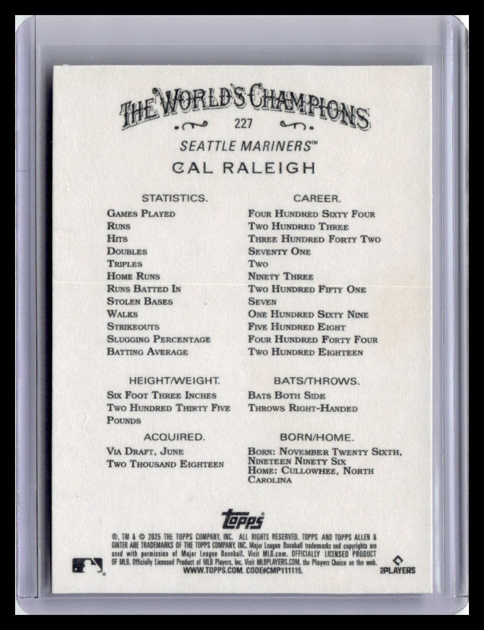 2025 Topps Allen & Ginter #227 Cal Raleigh