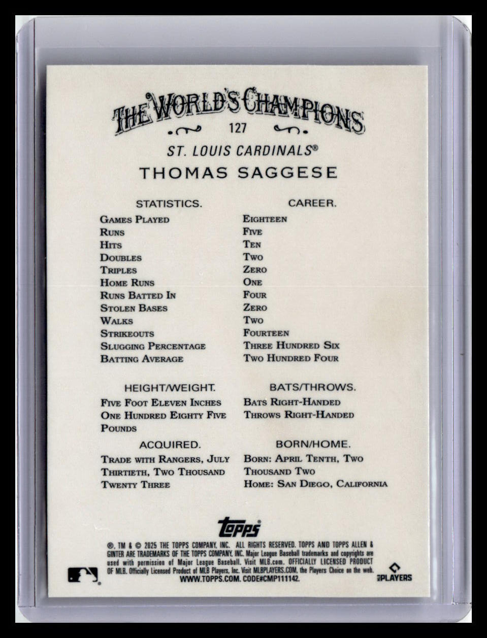 2025 Topps Allen & Ginter #127 Thomas Saggese Chrome Refractor
