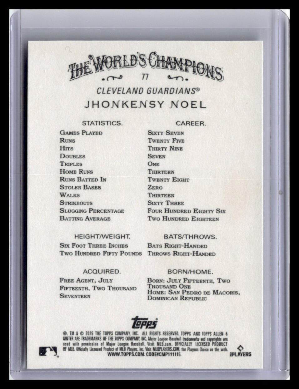 2025 Topps Allen & Ginter #77 Jhonkensy Noel