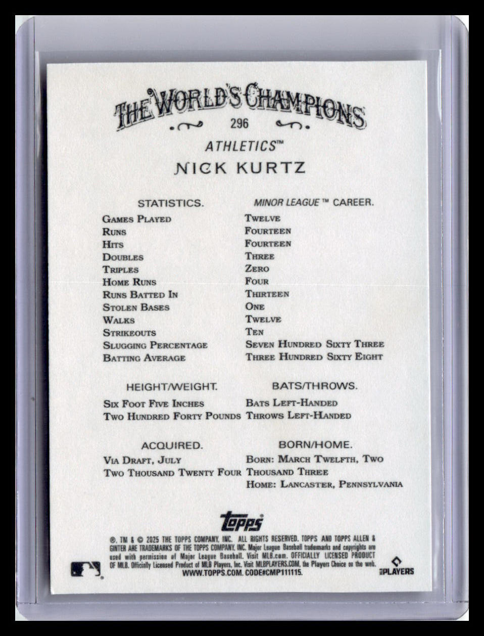 2025 Topps Allen & Ginter #296 Nick Kurtz