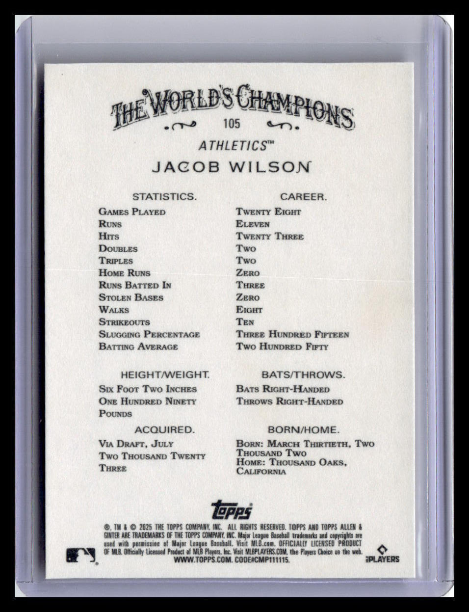 2025 Topps Allen & Ginter #105 Jacob Wilson