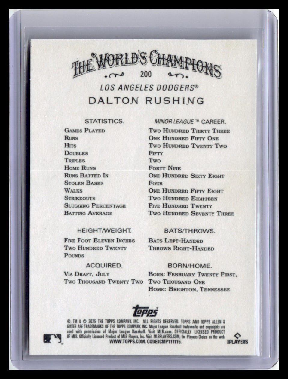 2025 Topps Allen & Ginter #200 Dalton Rushing