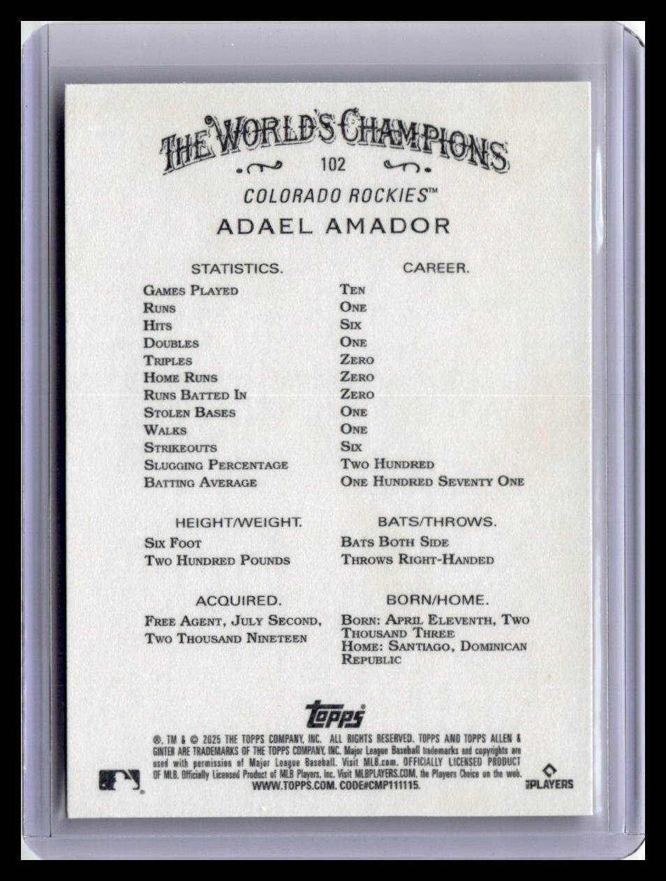 2025 Topps Allen & Ginter #102 Adael Amador