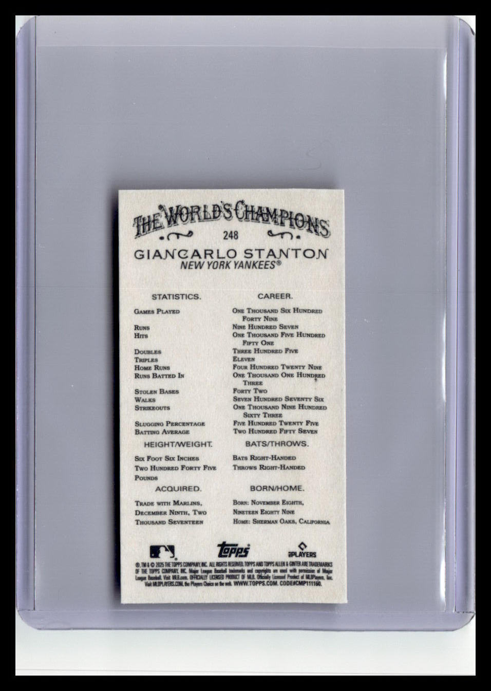 2025 Topps Allen & Ginter #248 Giancarlo Stanton Mini Black Border