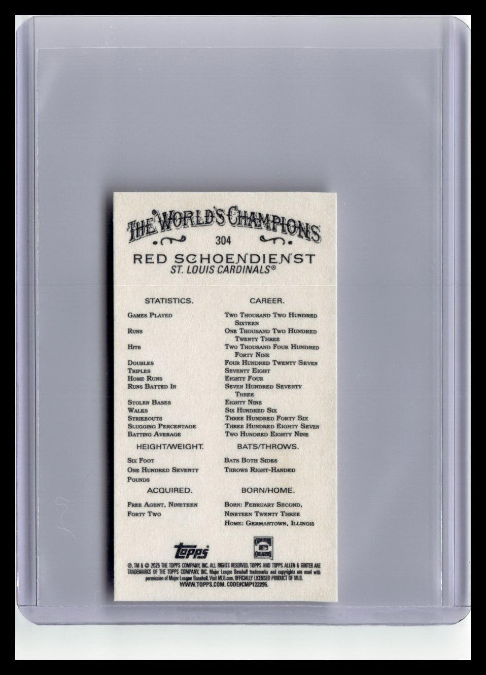 2025 Topps Allen & Ginter #304 Red Schoendienst Mini
