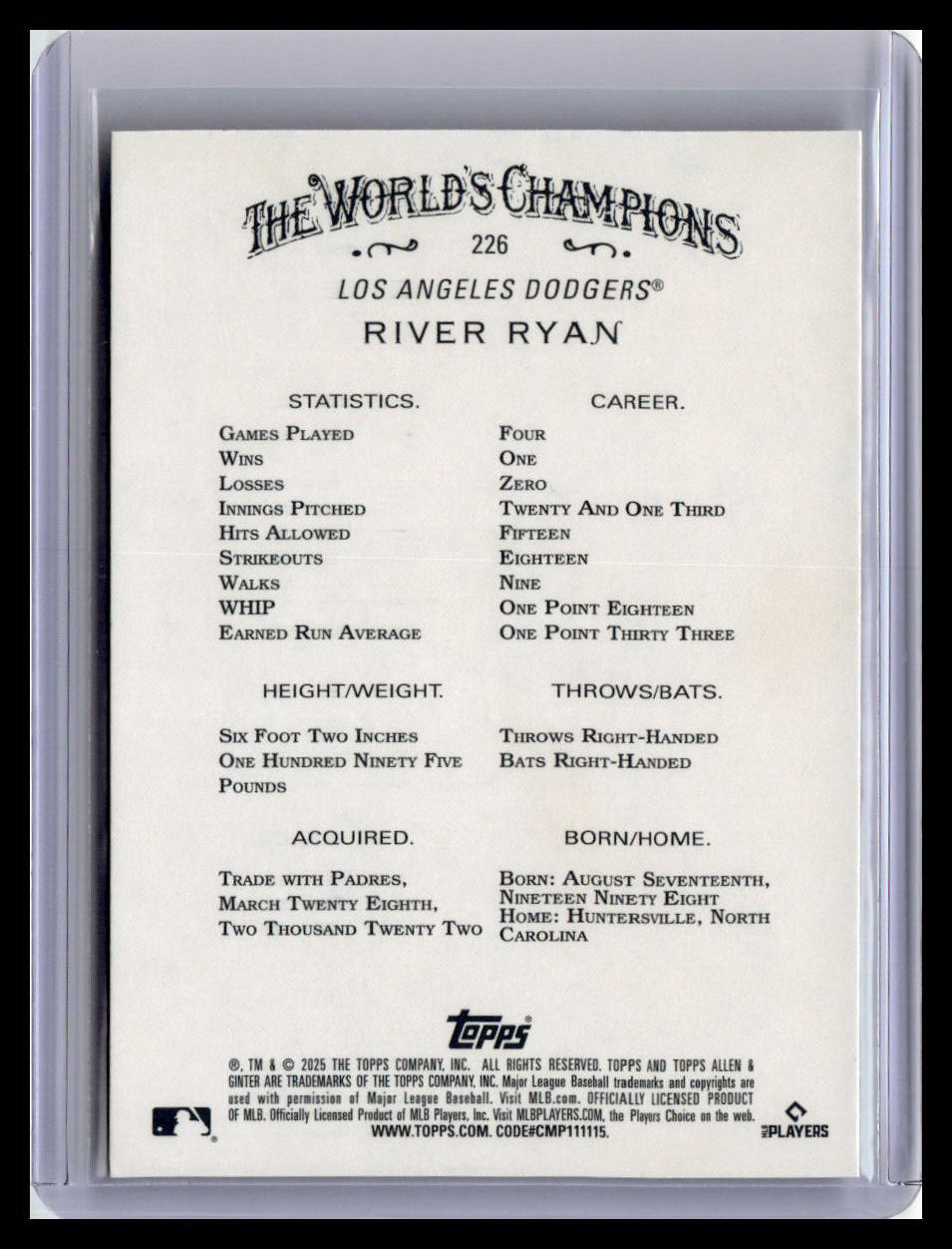 2025 Topps Allen & Ginter #226 River Ryan Silver Portrait