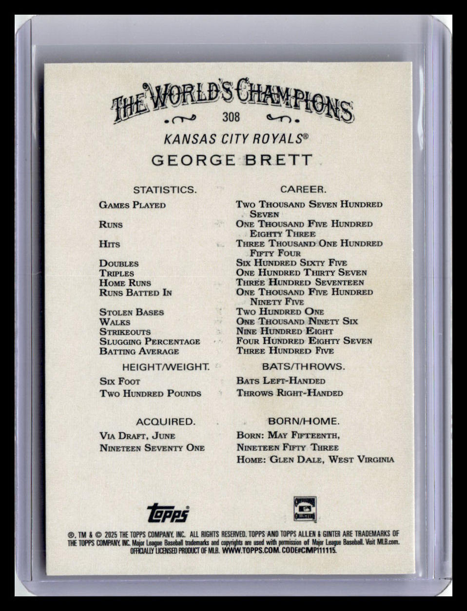 2025 Topps Allen & Ginter #308 George Brett Silver Portrait