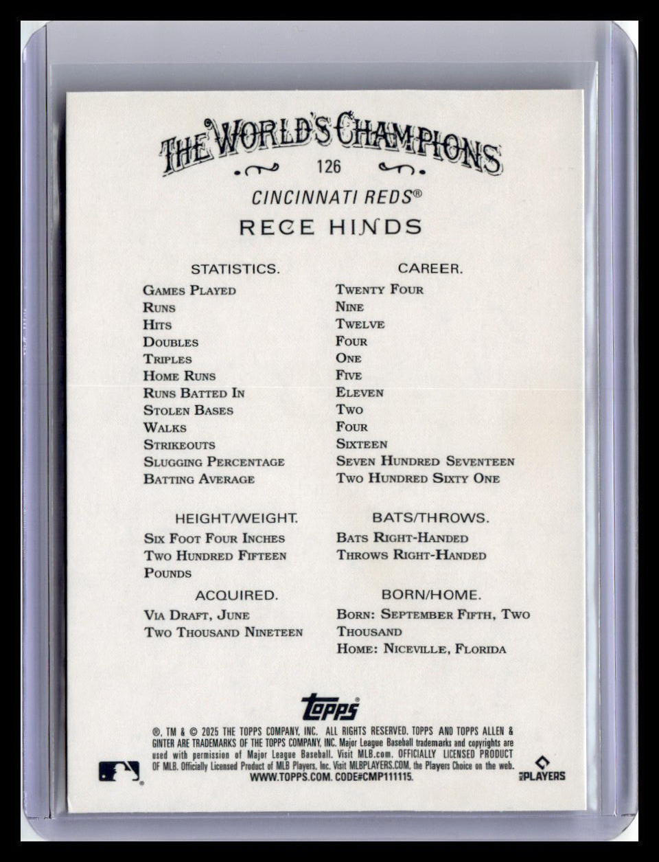 2025 Topps Allen & Ginter #126 Rece Hinds Silver Portrait