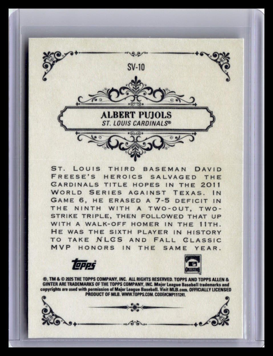 2025 Topps Allen & Ginter #SV-10 Albert Pujols Sweet Victory