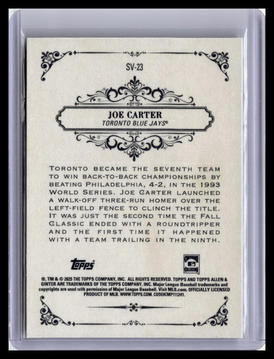 2025 Topps Allen & Ginter #SV-23 Joe Carter Sweet Victory