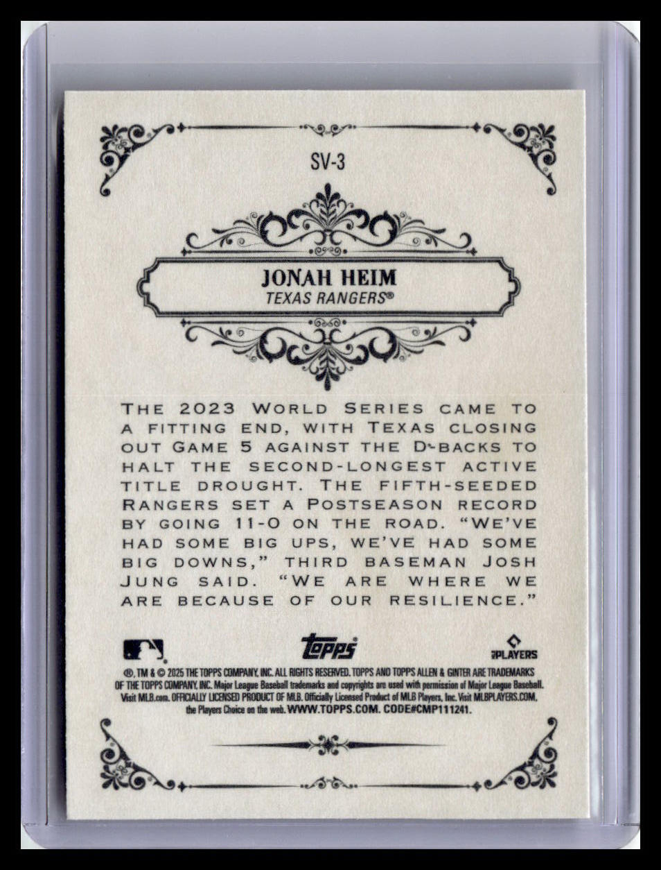 2025 Topps Allen & Ginter #SV-3 Jonah Heim Sweet Victory