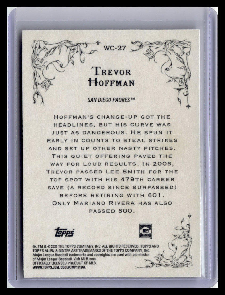 2025 Topps Allen & Ginter #WC-27 Trevor Hoffman Wicked Curves