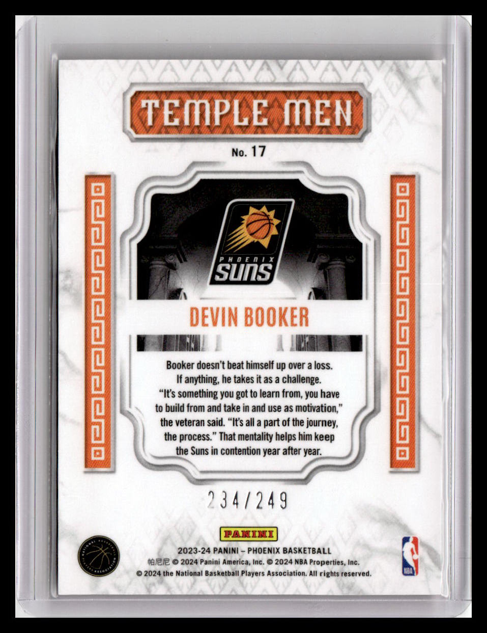 2023-24 Panini Phoenix #17 Devin Booker Temple Men Phoenix Orange Ice 234/249 1